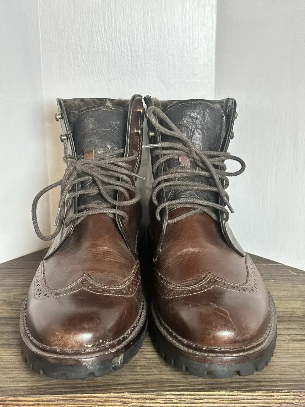 Johnston & Murphy Jennings Shearling Lined Wingtip Boots Mens 9 M Brown Leather